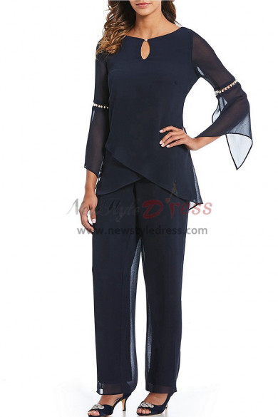 Two pieces Dark Navy Mother of the bride pant suits Chiffon dresses with Sleeves nmo-384