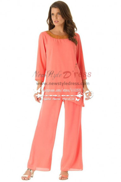 Watermelon red cozy chiffon mother of the birde pant suits dresses with three quarter sleeve nmo-197