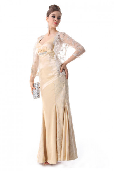 champagne Satin evening Dresses With sleeve Lace Jacket np-0206