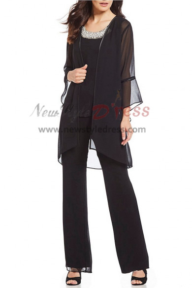 Women Trousers set Black Chiffon 3 pieces Mothers pants suit for Weding nmo-407