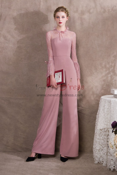 Womens Pink Chiffon Jumpsuits With lace Sleeves NP-0412