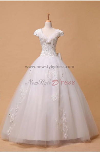 Organza Ball Gown Glamorous Court Train Appliques/Chest Hand-beading Bow Wedding Dresses nw-0085
