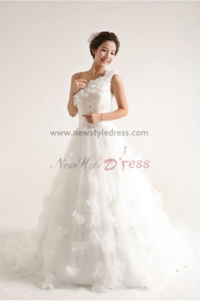 One Shoulder Princess lovely Glamorous Court Train Handmade flower Wedding Dresses nw-0088