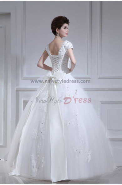 V-neck Ball Gown Short Sleeves Glamorous Floor-Length Appliques Bow Wedding Dresses nw-0097