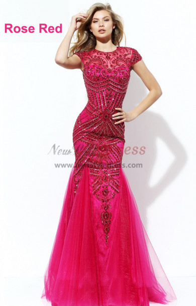 Rose Red Gorgeous Hand Beading Prom Dresses, Sheath Cap Sleeves Wedding Party Dresses pds-0067-2