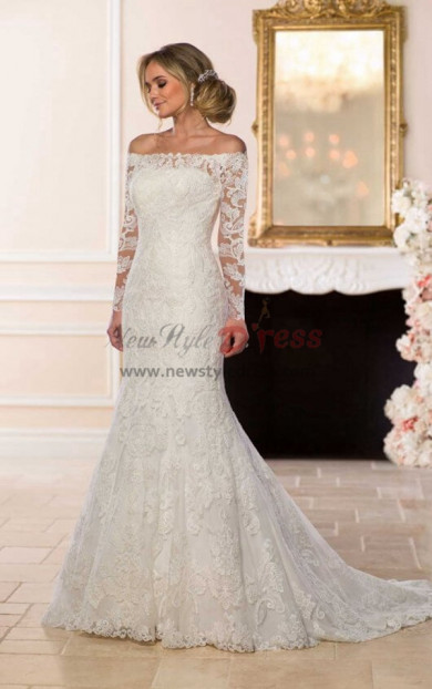 Bateau Spring Wedding Dresses, Lace Sleeve length Bride Dresses with Brush Train bds-0022