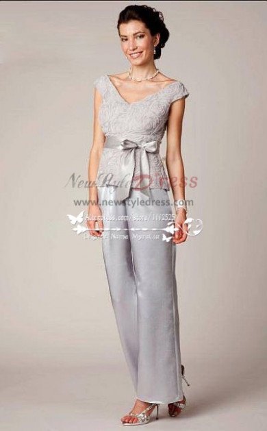 V-Neck Mother of the bride pant suit Gray satin with lace nmo-188