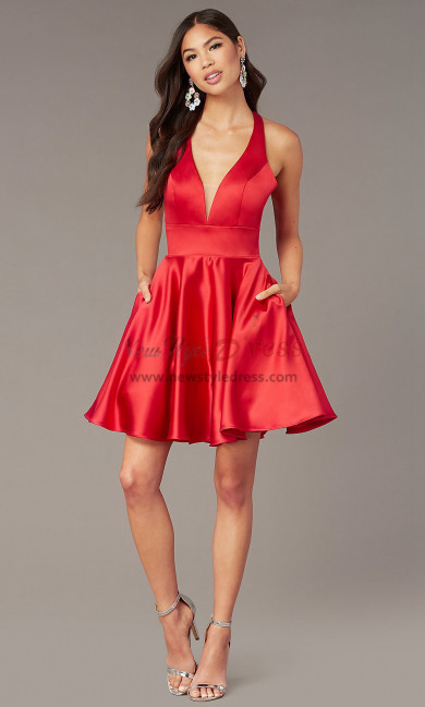 Red Under $100 V-neck Homecoming Party Dress,Above Knee Dreses with Pockets sd-029-2