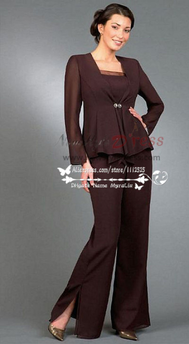 Chocolate chiffon pantsuit outfit for mother wedding nmo-223