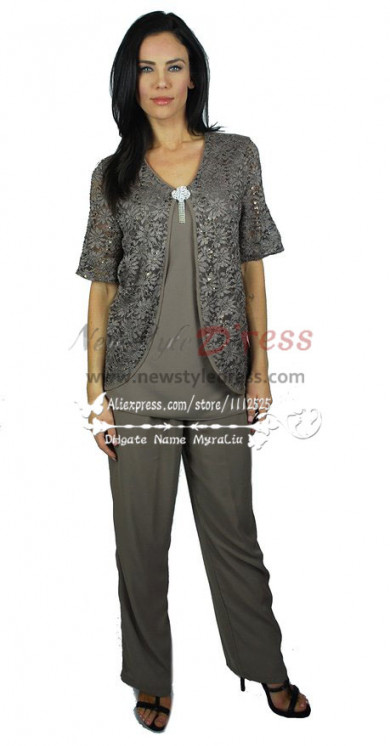 Charcoal Gray Chiffon outfits Mother of the bride pant suits with lace jacket nmo-235