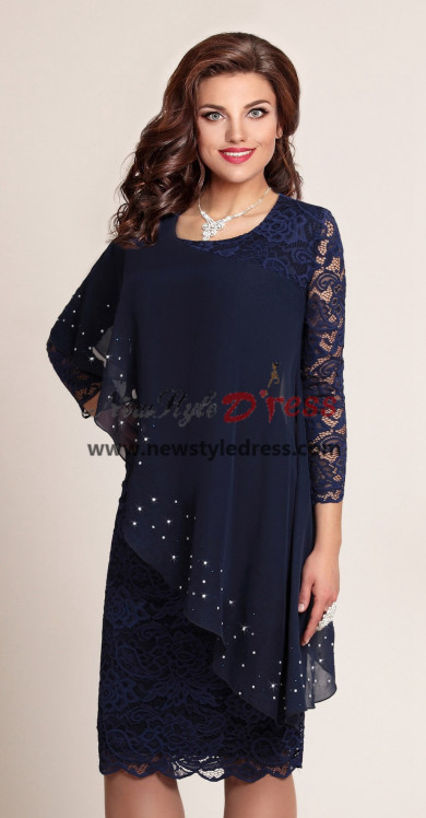 Dark Navy Drill Knee-Length Mother of the Bride Dress, Robe femme grande taille pour mère nmo-877-1