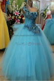Blue Tulle One Shoulder Ball Gown Waist With Handmade flower Quinceanera Dresses np-0119