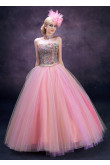 Chest Appliques Pink Tulle Floor-Length High-end Gorgeous Quinceanera Dresses nq-018