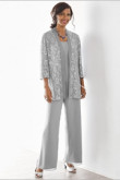Elegant Gray Mother of the bride pant suits Elastic waist pants 3 piece Lace outfit nmo-534