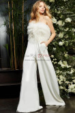 White Feathers Strapless Wide Wedding Jumpsuits Modern Bridal Pantsuits Sposa Tuta Pantalone wps-305