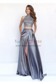 Halter Chest Appliques Slit Prom Dresses, Charcoal High Collar Wedding Party Dresses pds-0066-2
