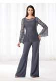 Charcoal Gray Mother of the bride pant suits dresses Lace Two piece pants outfits nmo-530