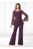 Mother of the bride pant suits dresses Lace Two piece pants outfit Purple nmo-531