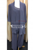 Plus size mother of the bride pant suit with jacket Charcoal Gray Chiffon 3PC for beach wedding nmo-232