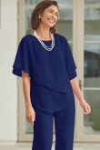 Royal Blue Women's outfit Chiffon Mother of the bride with Elastic Pant Suits nmo-756