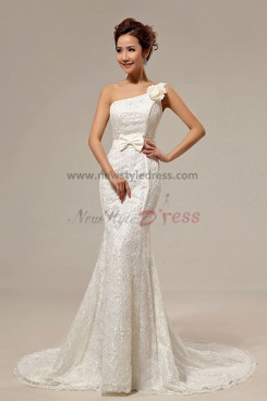 New Style Train Mermaid One Shoulder Chapel Lace Wedding Dresses nw-0064