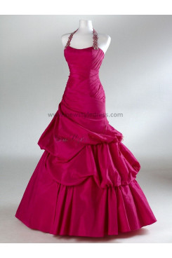 2014 new style Satin Halter Princess Glamorous Watermelon Red Ruched Floor-Length Evening dresses np-0090