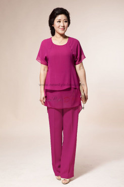 Rose red Chiffon mother of the bride pants suits with Short Sleeves nmo-001