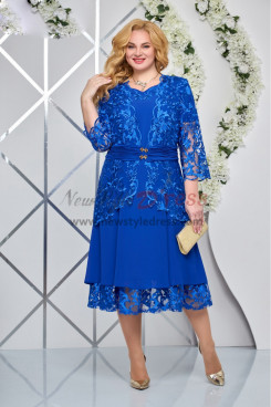 2023 2PC Mid-Calf Mother of the Bride Dresses, Royal Blue Half Sleeves Lace Wedding Guest Dresses mds-0002-3