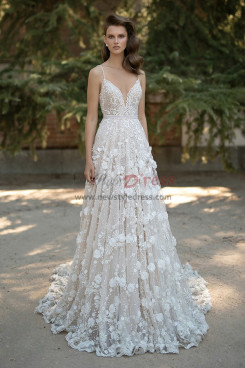 2023 A-line wedding dress, spagetti strap sweetheart neckline floral appliques bride dresses bds-0008