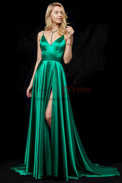 2023 Dressy Spaghetti Evening Dresses, Green Slit Wedding Party Dresses with Brush Train pds-0056-2