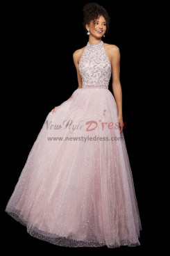 2023 Empire High Collar Prom Dresses, Pink Glamorous Sequin Fabrics Wedding Party Dresses pds-0010-2