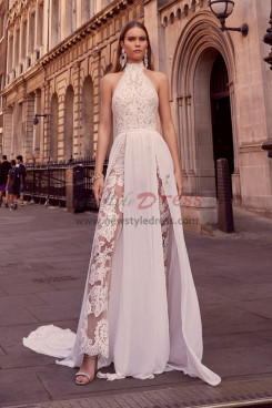 2023 Glamorous High Collar Bridal Jumpsuits, Elegant Lace Wedding Jumpsuits With Brush Train bjp-0064