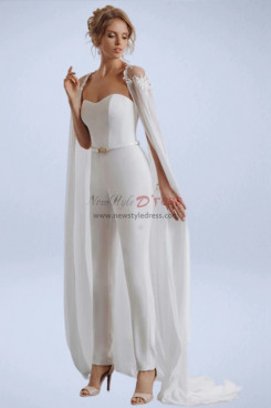 2023 Jumpsuit Wedding Dress With Long Cape Train Bridal Dresses - Custom Size Beach Bridal Gown, Elegant Strapless Bridal Dresses bjp-0032