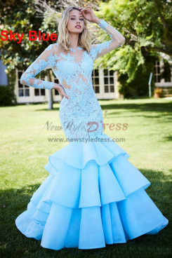 2023 Long Sleeves Sky Blue Lace Prom Dresses, Mermaid Multilayer Wedding Party Dresses pds-0058-2