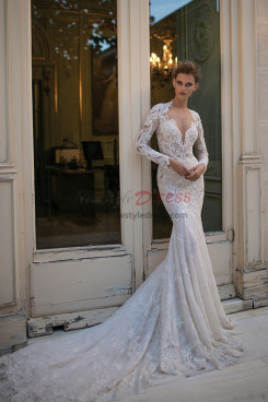 2023 mermaid bride dresses with chapel train, long sleeves v-neckline bridal dresses bds-0005
