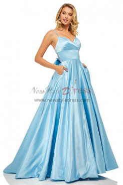 2023 Spaghetti A-Line Light Blue Satin Prom Dresses, Brush Train Wedding Party Dresses With Bow pds-0004-3