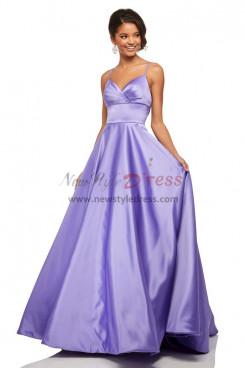 2023 Spaghetti A-Line Lilac Satin Prom Dresses, Brush Train Wedding Party Dresses With Bow pds-0004-1