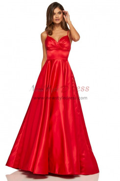 2023 Spaghetti A-Line Satin Prom Dresses, Red Brush Train Wedding Party Dresses With Bow pds-0004-2