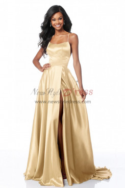 2023 Spaghetti Glamorous Champagne Bridesmaids Dresses, Sexy A-Line Slit Prom Dresses pds-0057-5