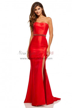 2023 Strapless Red Satin Prom Dresses, Mermaid Wedding Party Dresses With Hand Beading Belt pds-0003-2