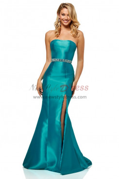 2023 Strapless Sheath Turquoise Satin Prom Dresses, Mermaid Wedding Party Dresses With Hand Beading Belt pds-0003-4