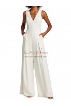 2023 V-neck Wedding Jumpsuit, Spring Modern Crepe Wide-Leg Bridal Jumpsuit with Pocket bjp-0014