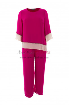 2PC Fuchsia Chiffon Women's Outfit Mother of the bride Pant suits Comfortable nmo-748