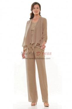 3 PC Khaki Chiffon Mother of the Bride Pant Suit, Stretchy Waist Trousers Women's Pant Suits mos-0014-4