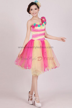 Above Knee-Mini Yellow with red Tulle One Shoulder Ruched Cocktail dresses nm-0183