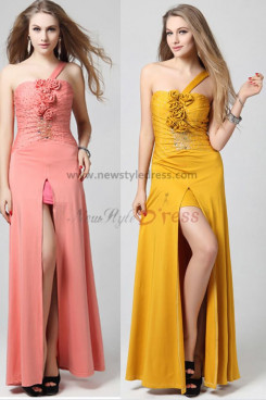 Best Sale slits One Shoulder flower Chest With beading khaki/Pink Prom Dress np-0359