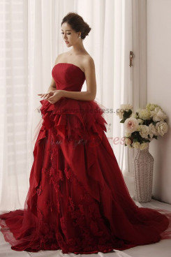 Burgundy Chiffon Multilayer Strapless Sweep Train Classic Wedding Gown nw-0165