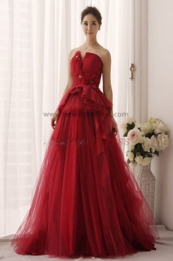 Burgundy a-line Multilayer Tulle Elegant Ruched Wedding Gown nw-0156