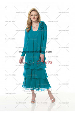 Elegant Chiffon Layered Nice Turquoise Mid-Calf Mother of the Bride Dress cms-054