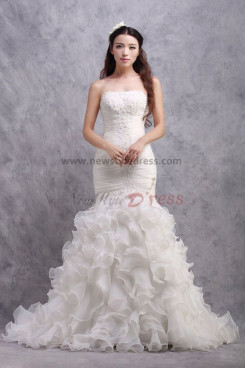Strapless Mermaid Ruffles Sweep Train Wedding Dresses Chest With Appliques nw-0179
